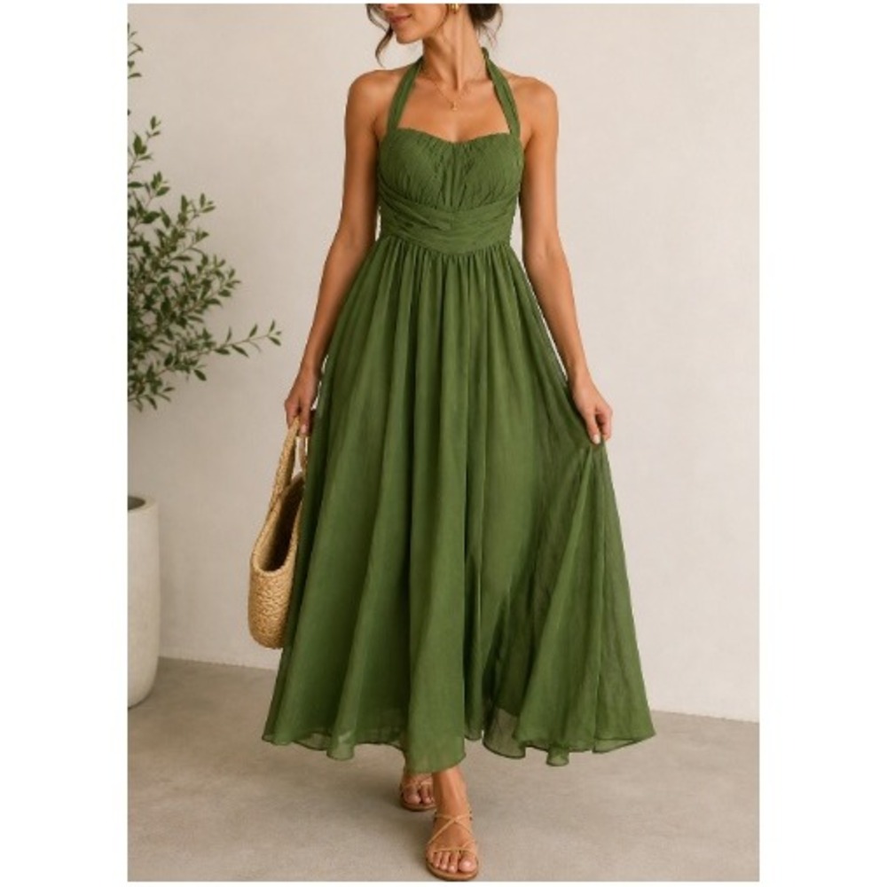 Lindo Noiva Women's Olive Green Halter Maxi Dress Ruched Formal Gown Size 14 NWT